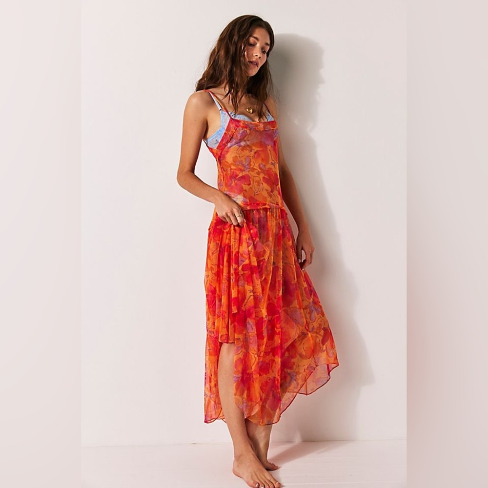 NWOT Free People Step Out Midi Slip Vibrant Floral Sheer Dress Small